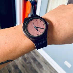 Tree hut wooden watch with black leather strap